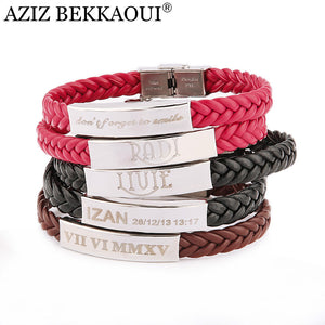 Laser Engrave Name ID Bracelet Personalized Name Bracelet For Men Stainless Steel Soft Leather Braided Rope Bracelet Customize