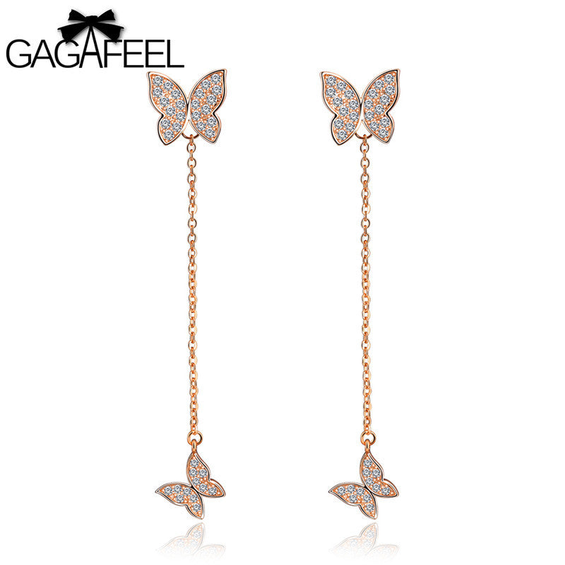 GAGAFEEL Butterfly Tassel Earring Women's Long Drop Earrings Copper Pave Zirconia Gold Silver Color Ladies Party Weedding Newest