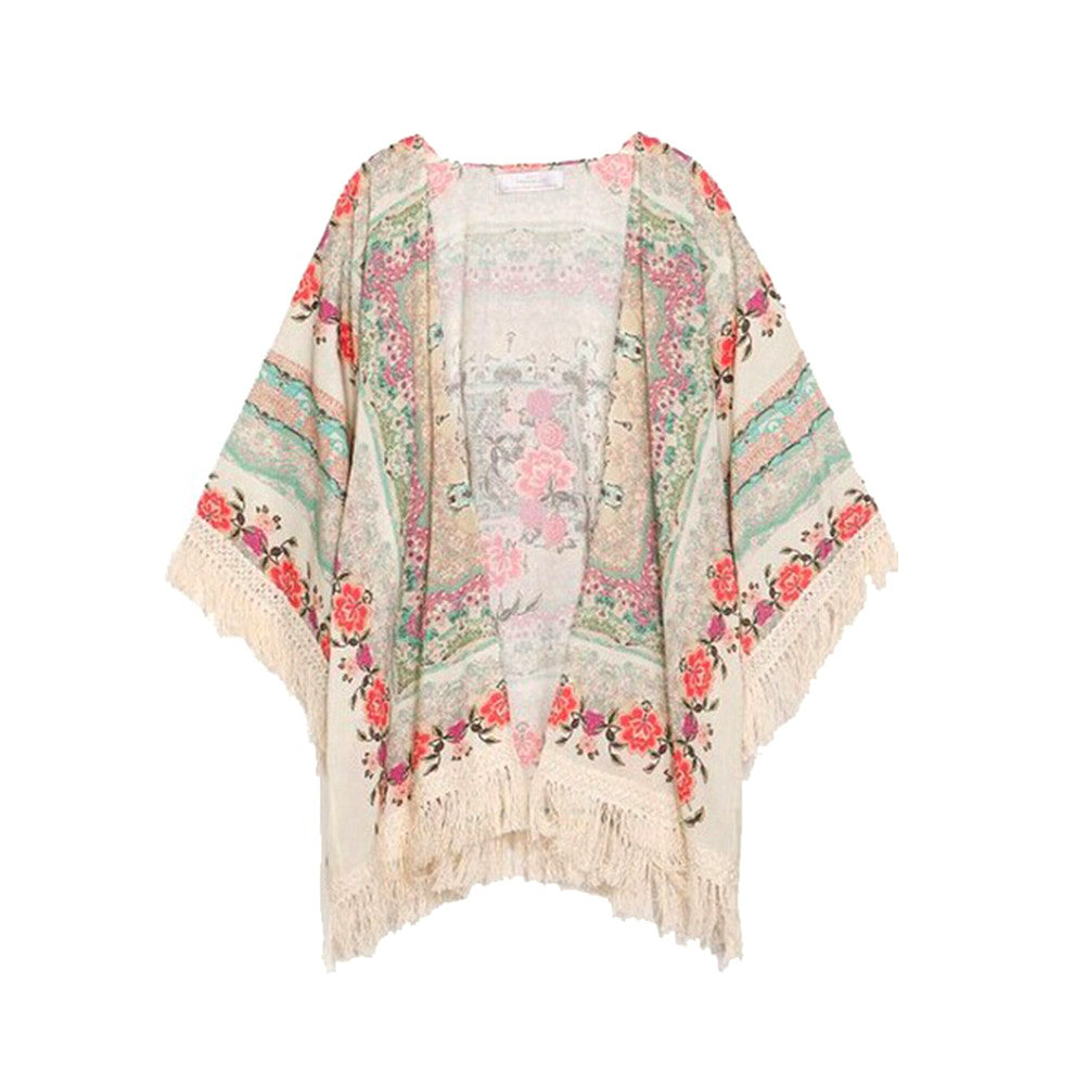 Fashion Spring Autumn Women's Girls Floral Printing Long Loose Knitted Cardigan Shawl Cape Sweater Coat